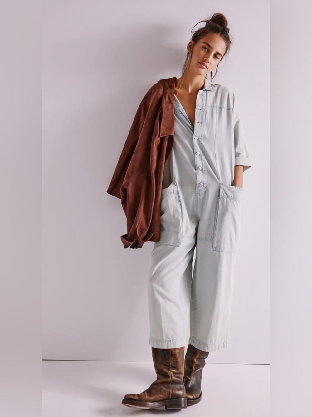 Free People We The Free Margarita Denim Jumpsuit XS Light Blue